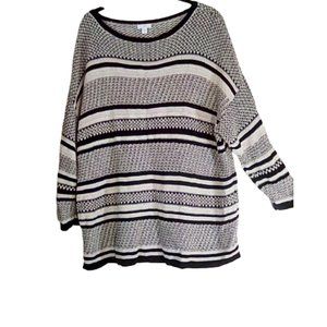J Jill Linen Cotton Linen Blend Top XL Pullover Knit Striped Black White Gray